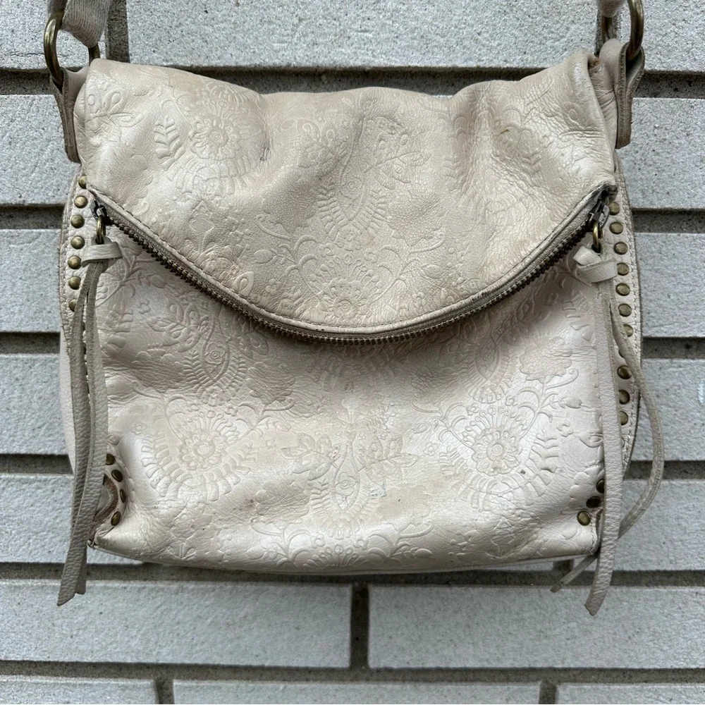 The Sak Silverlake Embossed Leather Crossbody Bag Stone Cream Floral Rivet Boho
